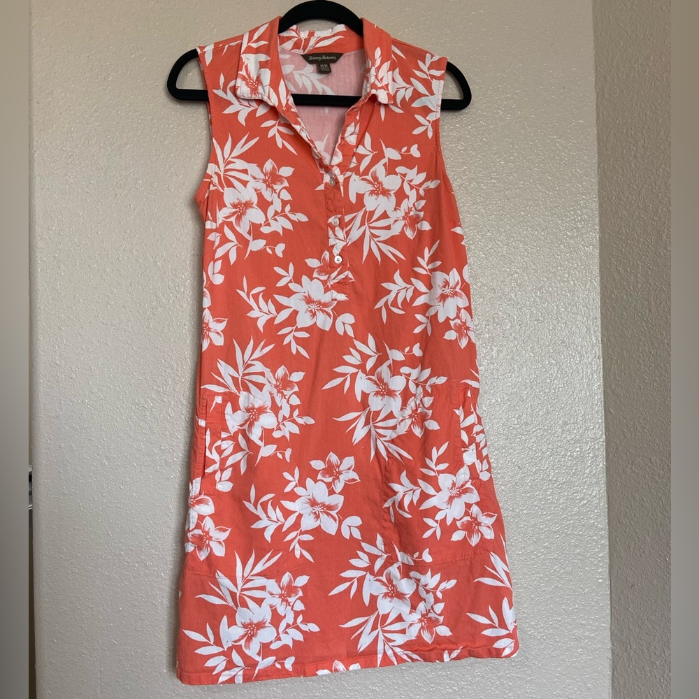 Tommy Bahama Coral Floral Mini Dress Linen Blend Medium